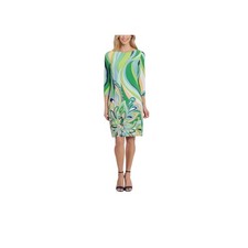 London Times Green Psychedelic Floral Swirl 3/4 Sleeve Shift Dress Large