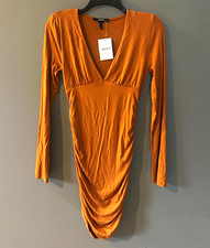 Forever 21 M Brown Solid Ruched Knit Mini Bodycon Dress Long Sleeve V-Neck