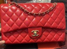 Chanel Classic Double Flap Quilted Lambskin Leather Shoulder Bag - Red