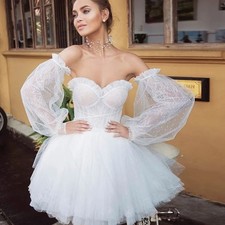 Sweetheart Lace Wedding Dress Mini Beach Bridal Gowns with Removable Puff Sleeve
