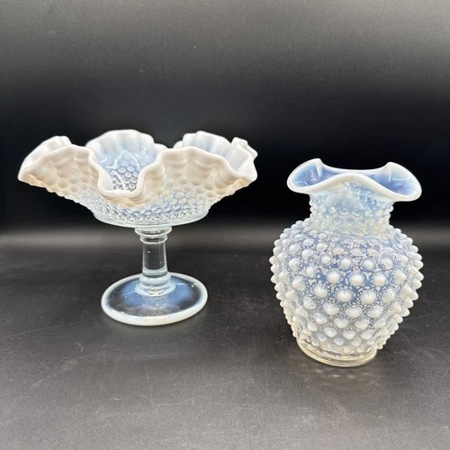 VTG Fenton French Opalescent Hobnail 5.5” Crimp Vase & 5.75” Dish