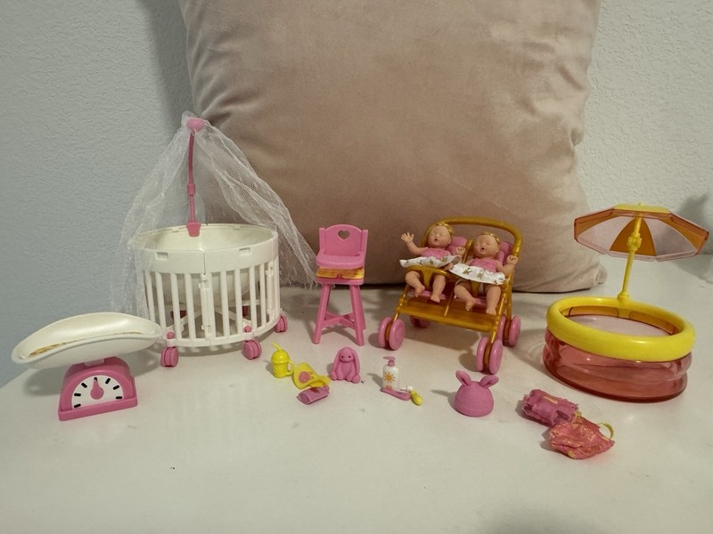 Silicone Babies For Barbie: Twin Girls W/Crib, Chair, Stroller, 2Outfits & Other