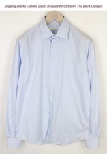 Suitsupply Men's Formal Shirt 39L/15 1/2L Striped Blue Cotton Slim Long