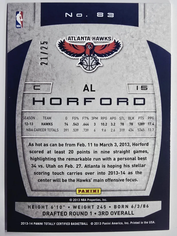 2013-2014 Panini Totally Certified Platinum Gold #83 AL Horford Hawks /25 🟡✨️ - Image 2 of 2