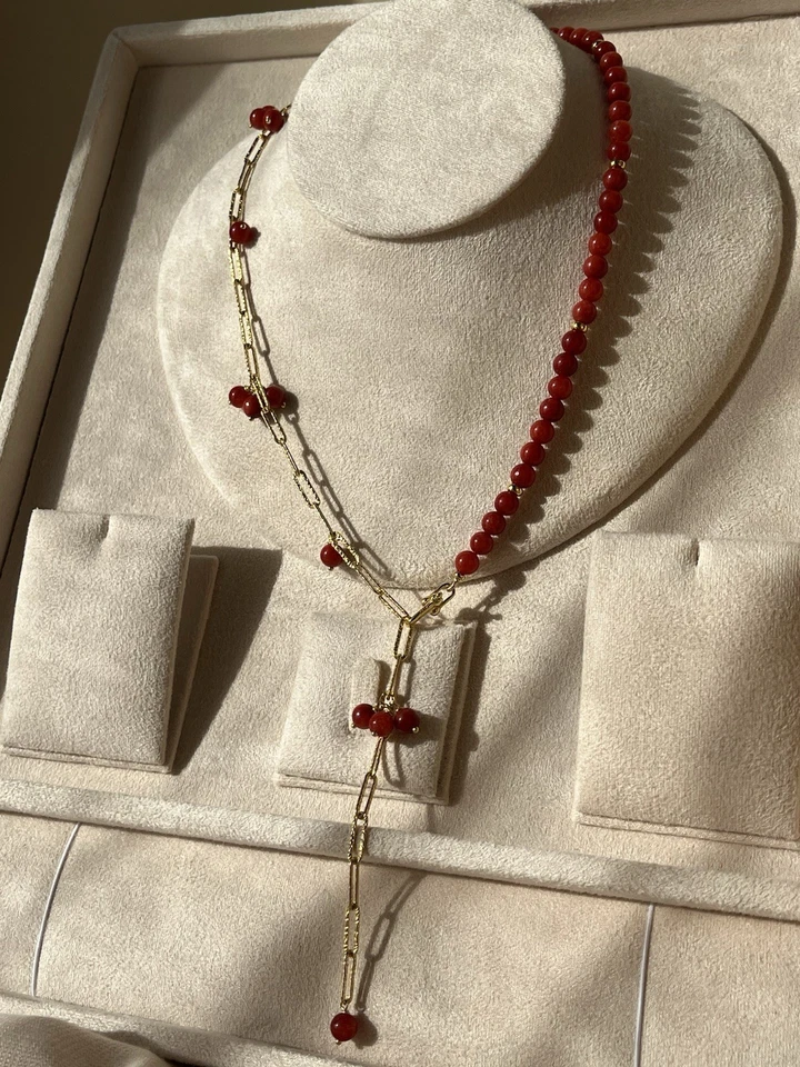Collana Giada Rosso Corallo Catena,Chiusura Argento 925 Dorata Fatta A Mano 4in1 - Immagine 3 di 4
