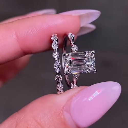 2.5 CT Emerald Cut Moissanite Bridal Set Engagement Ring Solid 14K White Gold - Picture 3 of 12