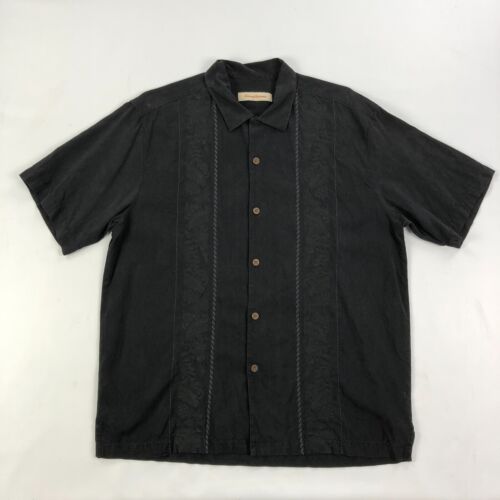 Tommy Bahama Shirt Mens Large Silk Black Embroidered Guayabera