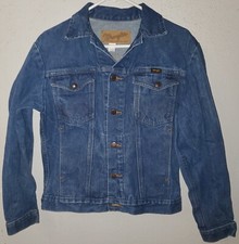 Vntg Denim Jacket Youth Lg Blue Trucker Western Wrangler "Green Country Rodeo"