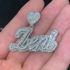 2.00 Ct Real Moissanite Men's Custom Name Pendant 14K White Gold Plated Silver