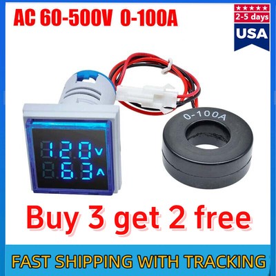 AC 60-500V 0-100A 22mm 3 in 1 Voltmeter Ammeter LED Digital Volt/AMP Meter NEW