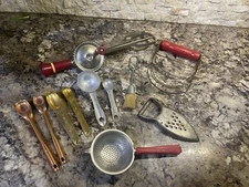 Lot of Vintage Kitchen Gadgets Ekco Egg Beater, Masher, Measuring Spoons +more