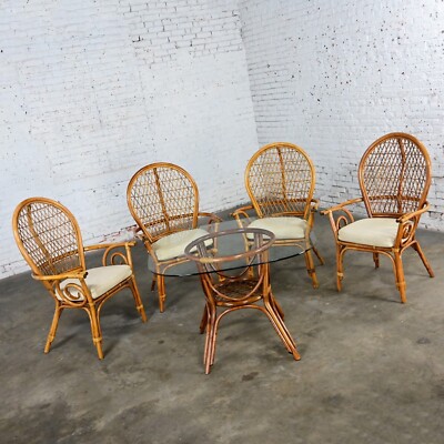 Coastal Island Style Rattan Glass Top Dining or Game Table Chairs a Set 