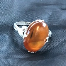 Vintage Sterling Silver Signed Thin Band w Prongset Oval Orange Agate Stone Ring