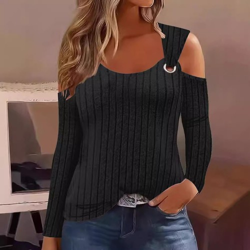 Womens Long Sleeve Jumper Cold Shoulder Top RIBBED Stretch Shirts Blouse SIZE UK - Picture 3 of 15