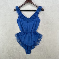 Vintage Texsheen Teddy Womens Small Blue Nylon Lace Ruffle Satin Lingerie Sheer