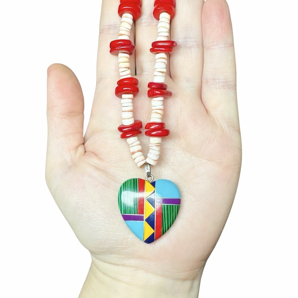 Vtg Native Turquoise Mosaic Inlay Heart Pendant Zuni Red Coral Heishi Necklace - Image 2 of 4