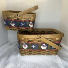 Home Interiors Decorative Christmas Basket Handle Snowmen Snowflakes Set Of 2