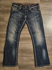 Rock Revival Paul Boot Jeans 34 Dark Wash White Stitch Distressed Mens Buckle