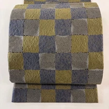 Japanese Silk Fukuro obi Nightingale color Doro Some Checkered pattern Hitta 553