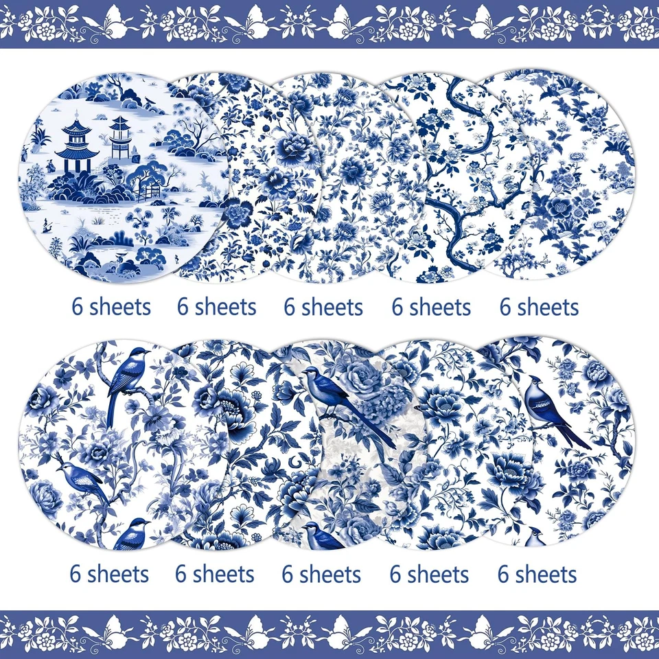 60 Hojas A5 8.3x5.7" Azul Floral Pájaro Libro de Recortes Papel para Manualidades Boda Foto 3 de 4