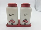Vintage McKee Tipp Milk Glass Flower Basket Design Salt and Pepper Shaker Set