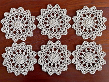 SET OF 6 VINTAGE CROCHETED LACE COASTER DOILIES - ECRU BEIGE COTTON STAR FLOWER