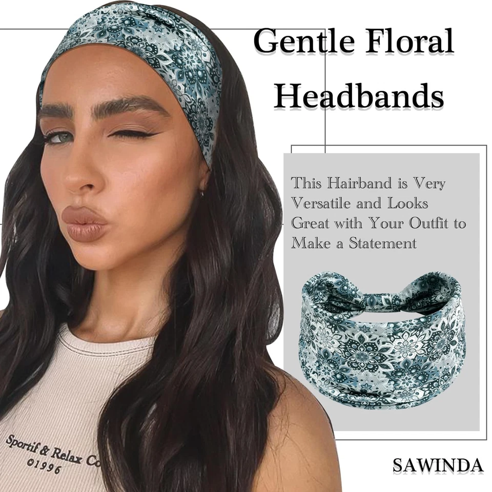 Pacote com 6 tiaras femininas boho com estampa de flores torção larga com nós el... - Imagem 4 de 4