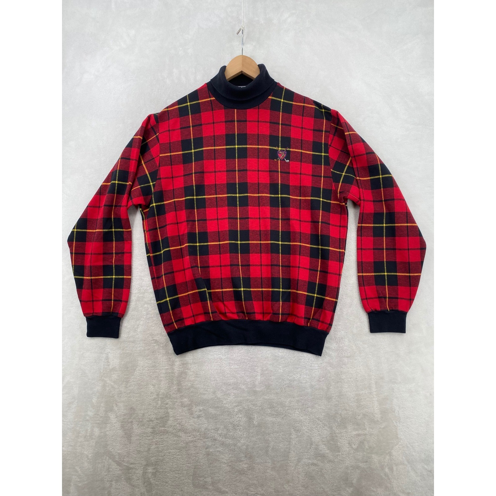 Polo Ralph Lauren Mock Neck Sweatshirt Mens Large Red Plaid Vintage Made in USA