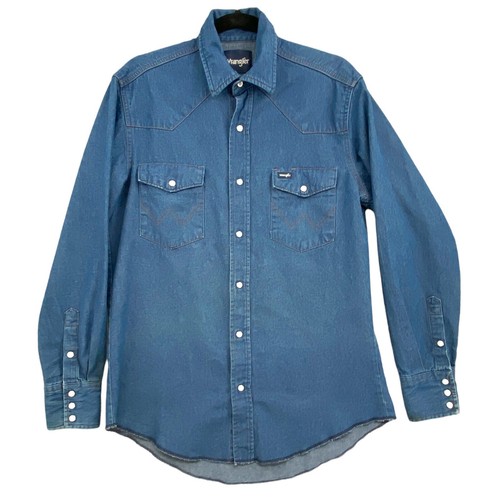 VTG Wrangler Denim Pearl Snap Shirt Mens 15.5 x 34 Western Cowboy Blue ...