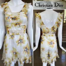 Christian Dior John Galliano Sheer Silk Chiffon Floral Scoop Back Belted Dress