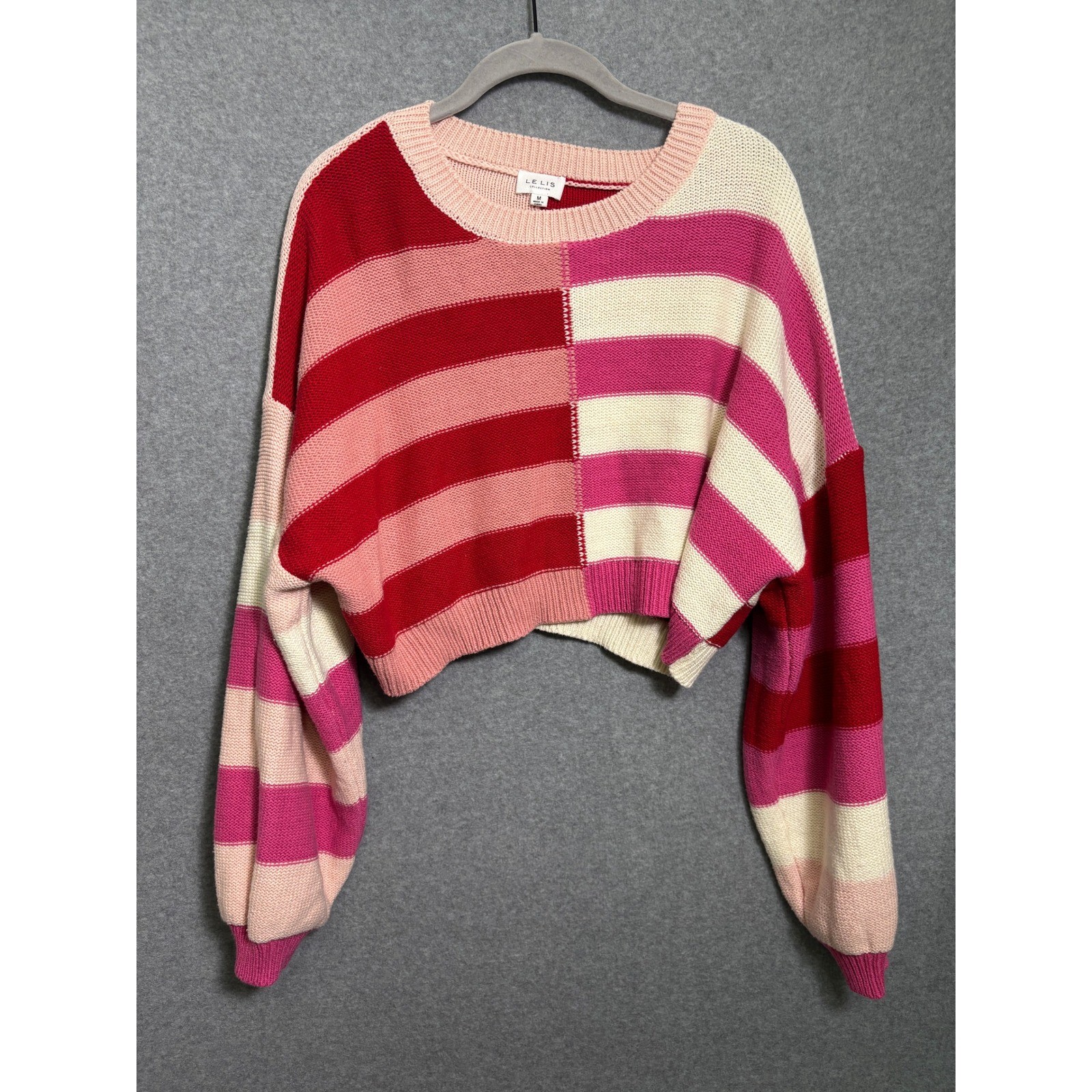 Le Lis Colorblock Striped Cropped Sweater Pink Red Oversized Knit Pullover