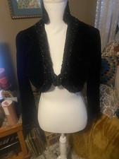 Gorgeous Late 1800s VictorianBeaded Inky Black Silk VelvetBolero, Sm- Medium