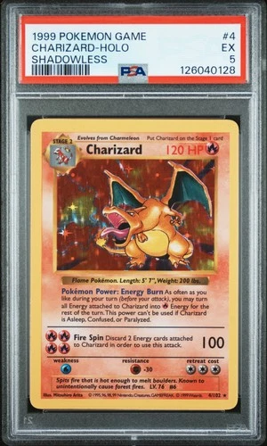 1999 POKEMON GAME SHADOWLESS #4 CHARIZARD-HOLO PSA 5