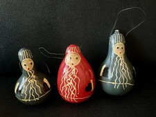 Trio of Handpainted Gourd Santa Folk Art Ornaments