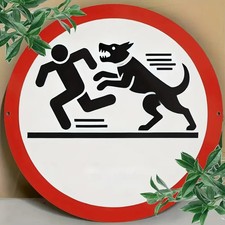Dog Shield  Round Dog Attack Tin Metal Signs Home D cor 8x8 Hand-Painted  Weat