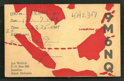 Jesselton Kota Kinabalu QSL card 9M6NQ Map Borneo Malaysia 1966