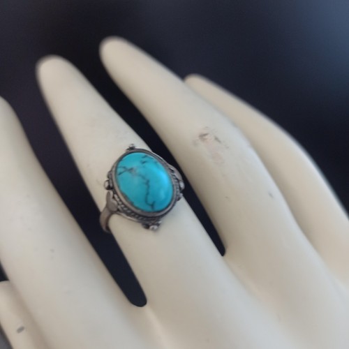 Vintage Silver Ring Turquoise Silver 925 Romantic Deco 9 Oval Boho Patina Retro - Picture 15 of 16