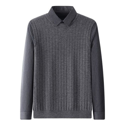 Winter Men Fake Two Pieces Slim Fit Sweaters Thickened Warm Pullover Knit Shirt - Picture 7 of 16