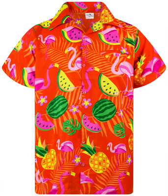 King Kameha Hawaiihemd Flamingo Melone Hawaiian Shirt Multi Kurzarm Front-Tasche