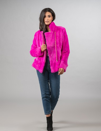 Modern fuchsia real rabbit fur biker jacket with a diagonal zipper closure. - Picture 7 of 8