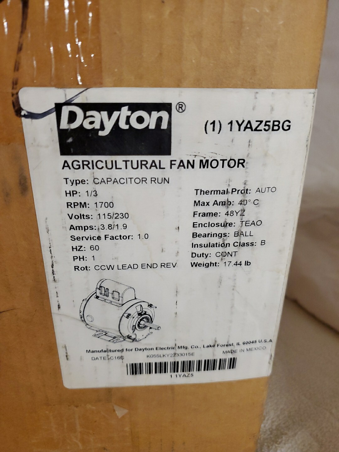 DAYTON Agricultural Permanent Split Capacitor Fan/Blower Motor 1YAZ5BG NOB NEW