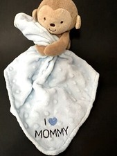 Carters Child of Mine Blue Lovey Plush Monkey I Love Mommy Rattle Satin Blanket