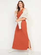 New Sleeveless V-Neck Ribbed Maxi Shift Dress for Women Size L TALL