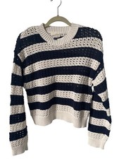 Universal Thread Openwork Crewneck Pullover Sweater Size L Cream Navy Cozy Knit