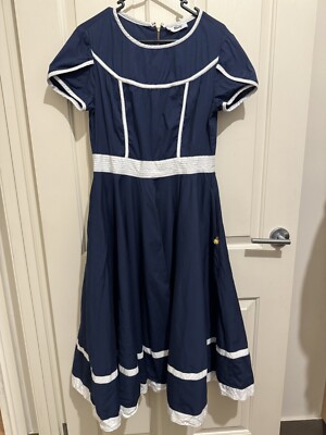 Binny Dress Midi Size 10 White Blue Fit And Flare Summer Cotton Blend Designer 