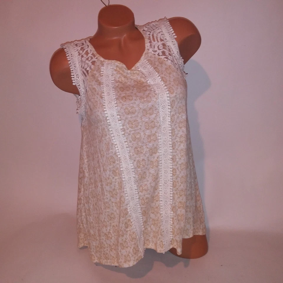 Camiseta sin mangas LC Lauren Conrad para mujer XS blanca crema crochet ribete encaje mangas boho Foto 4 de 4