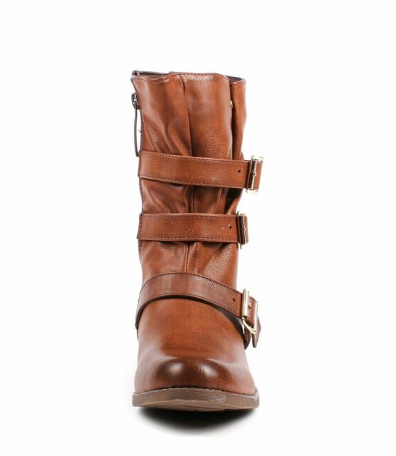 Brown Zipper Open Faux Leather Womens Military Mid Calf Combat Boots Size 5.5 | eBay