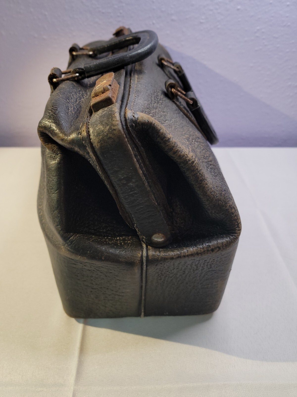 Vintage Black Leather Doctors Medical Bag Veterinarian House Call Bag