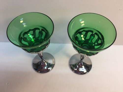 Barware Morgantown Green Glass Insert Chrome Stemware Cocktail Glasses - Picture 2 of 6