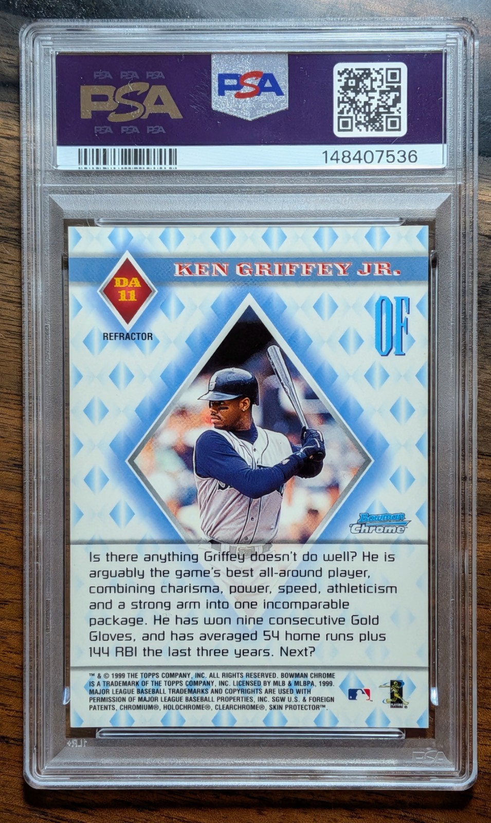 1999 Bowman Chrome Ken Griffey Jr Diamond Aces Refractor PSA 9 Insert HOF MVP view 2